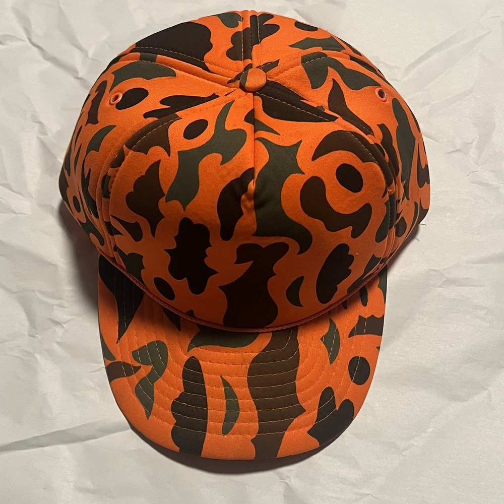 Vintage Blaze Orange Camo Safety Hunting Trucker Hat Snap Back